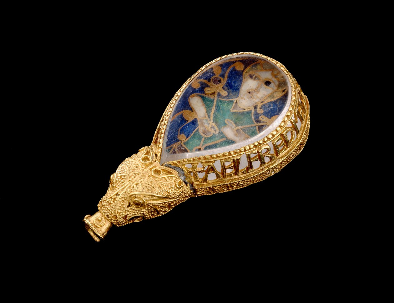 Alfred Jewel (guld, bergskristall och emalj) (vy från sidan) av Anglo Saxon