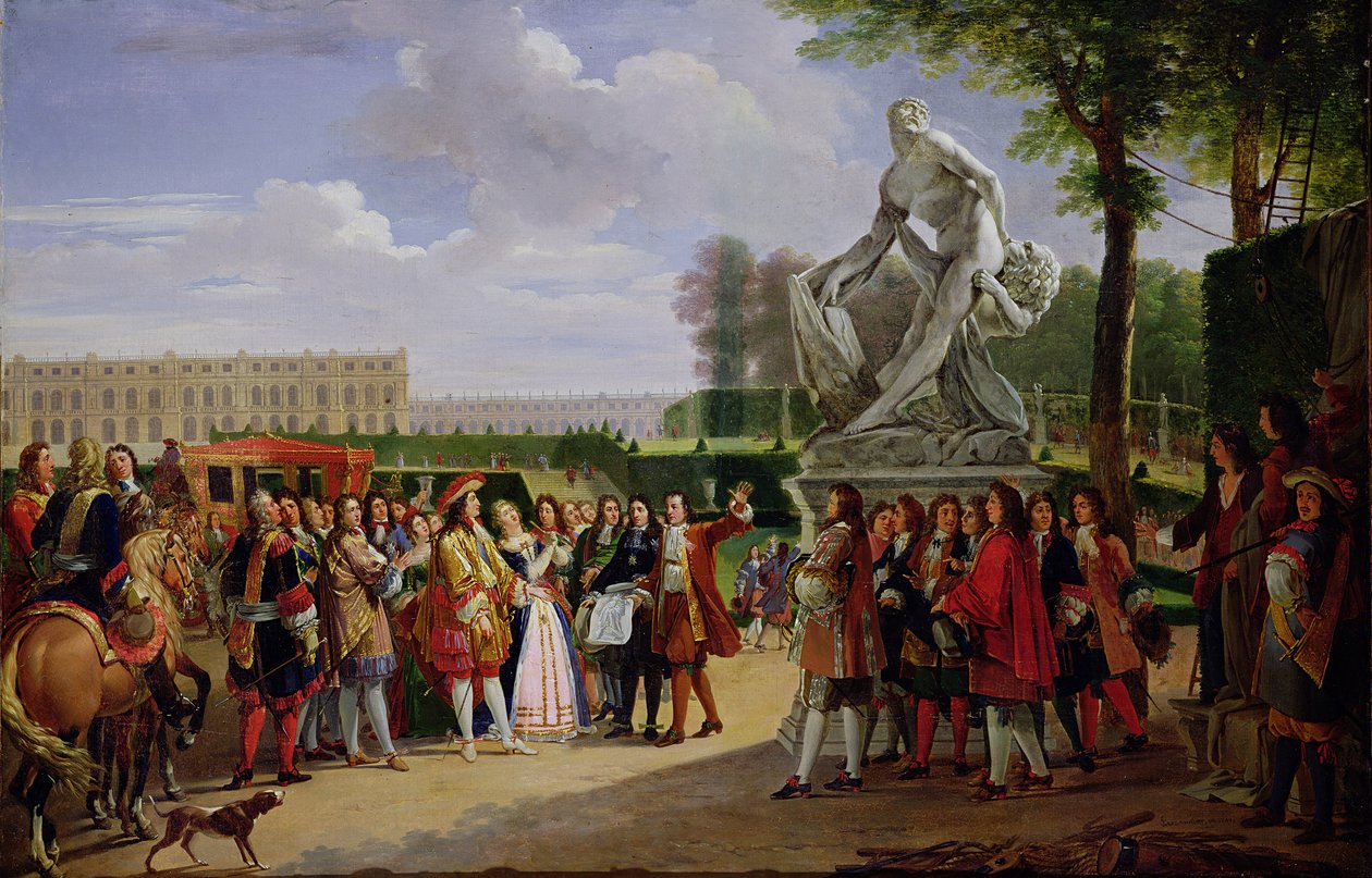 Ludvig XIV (1638-1715) tillägnar Pugets "Milo of Crotona" i trädgårdarna i Versailles, 1819 av Anicet Charles Lemonnier