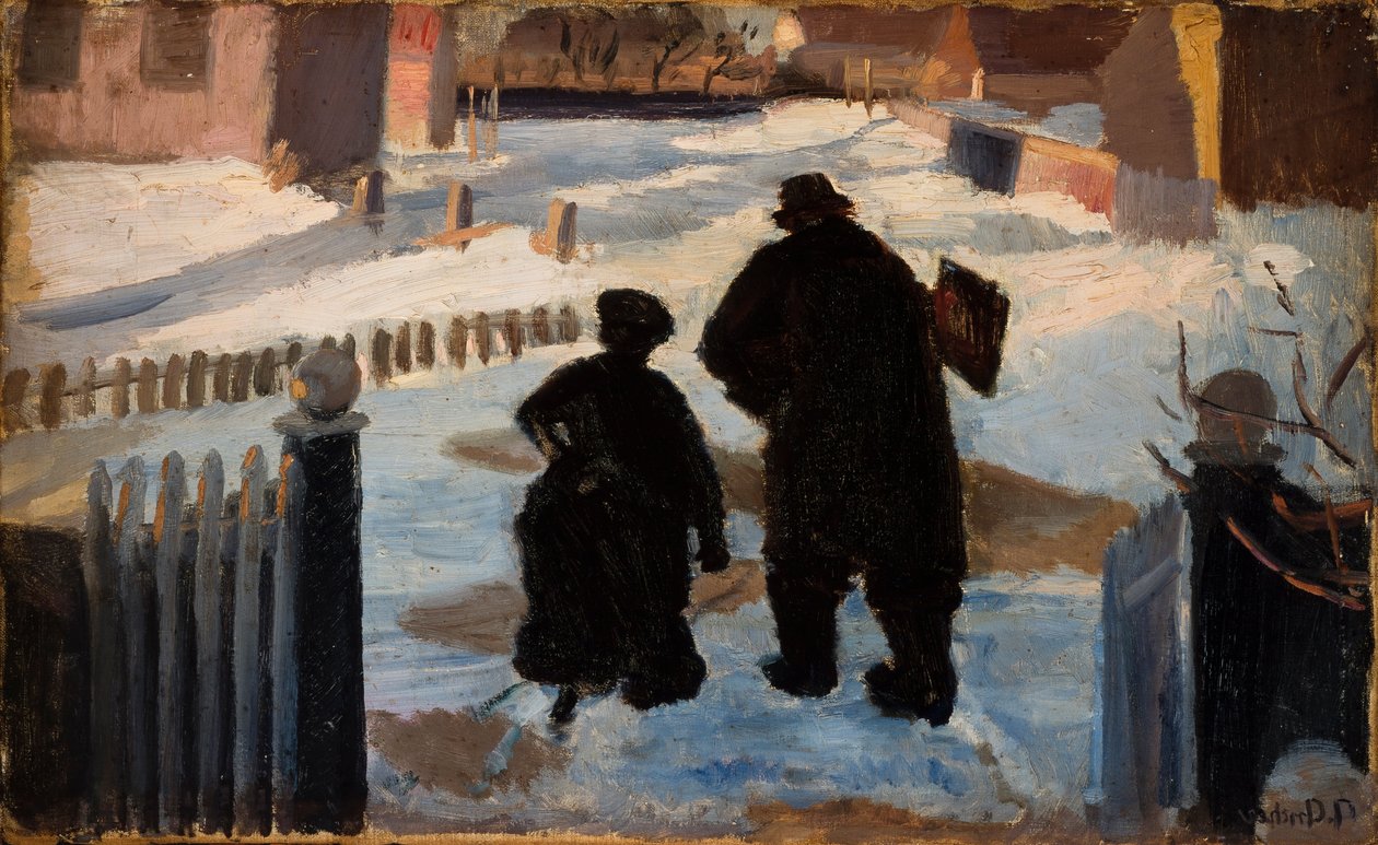 Michael Ancher på väg till sin studio tillsammans med organisten Helene Christensen av Anna Ancher