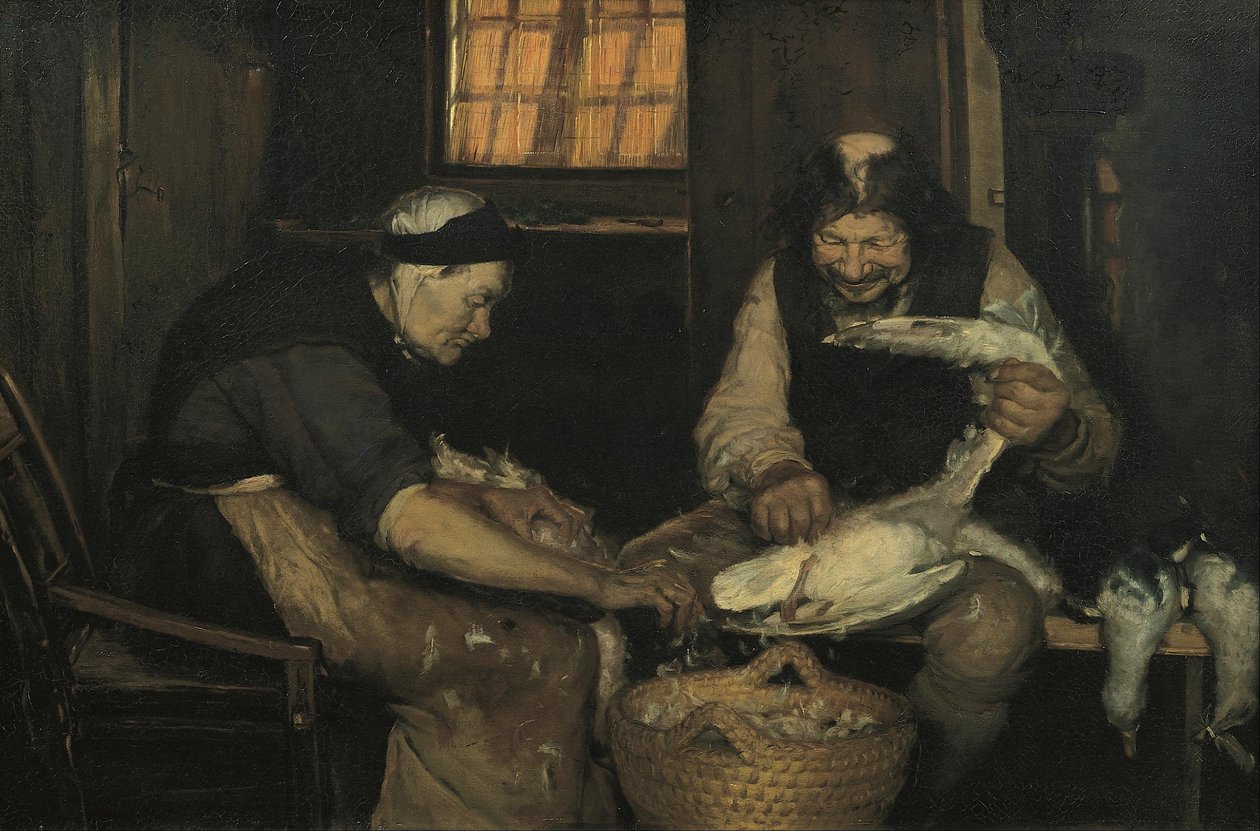 Gammalt par som plockar måsar. Lars Gaihede och gamla Lene av Anna Ancher