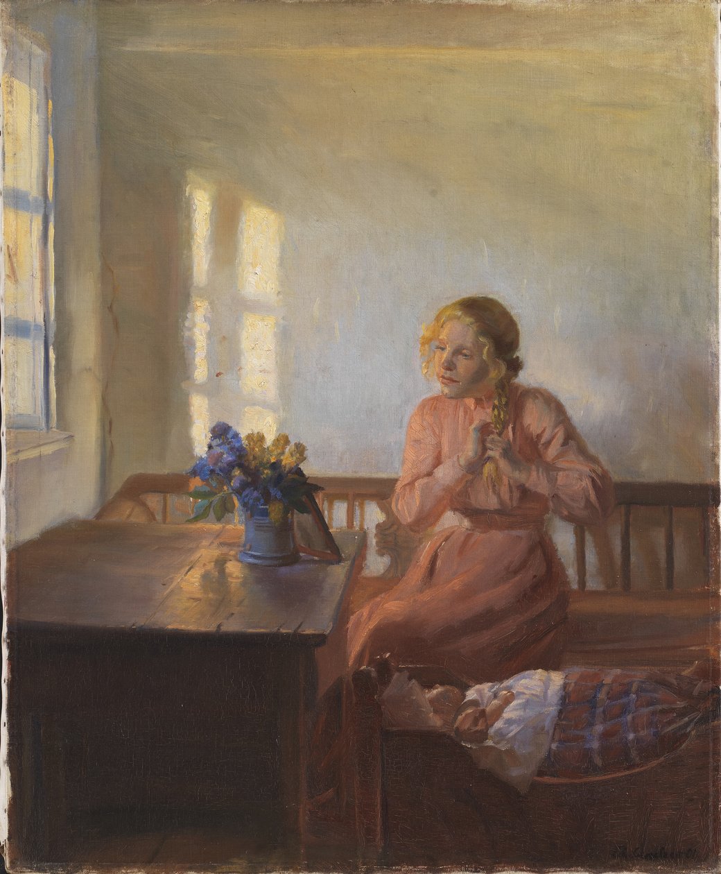 En ung flicka som flätar sitt hår av Anna Ancher