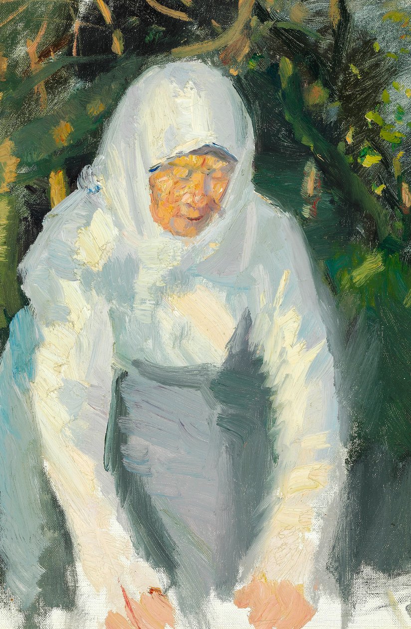 Kvinna från Skagen med vit halsduk. av Anna Ancher