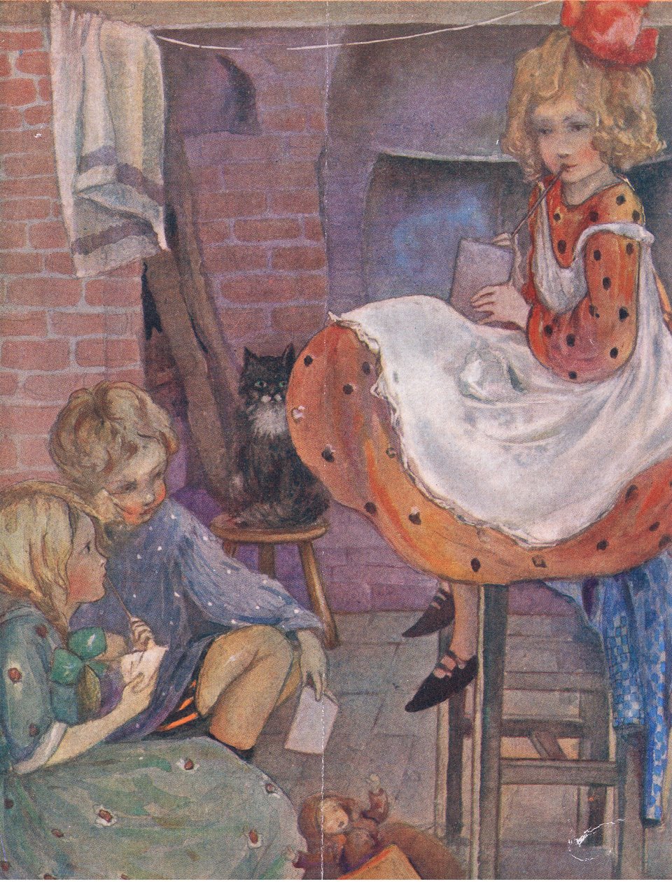 Jag kan inte komma på vad jag ska skriva, från The Big Book for Children (Herbert Strang) utgiven av Humphrey Milford, Oxford University Press, ca 1920. av Anne Anderson