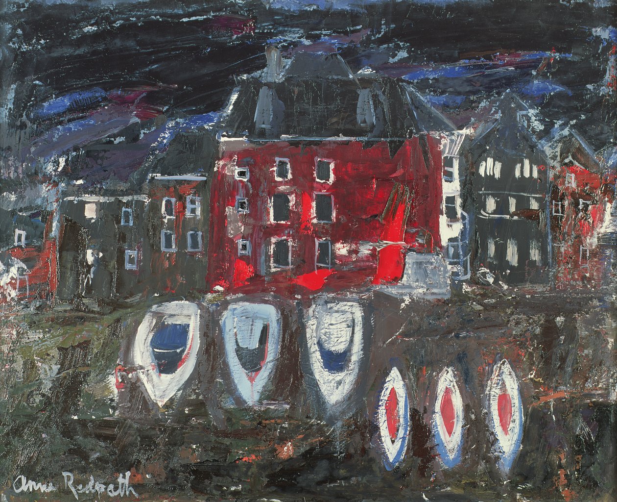Båtvarv, Amsterdam (olja ombord) av Anne Redpath