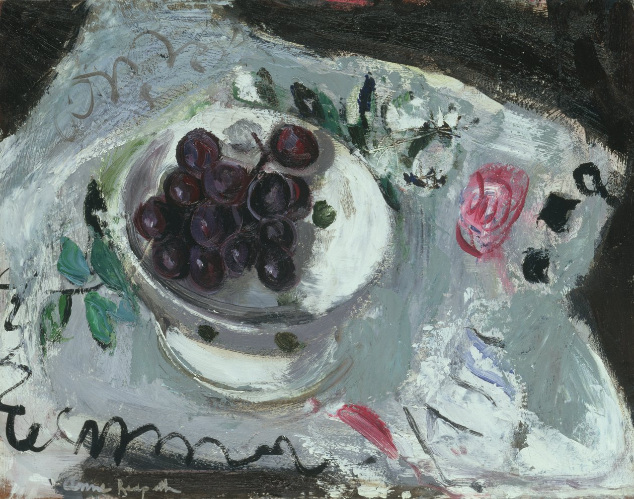 Dish of Grapes, ca 1957 (olja ombord) av Anne Redpath
