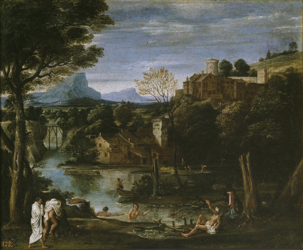 Landskap med flod och badgäster av Annibale Carracci