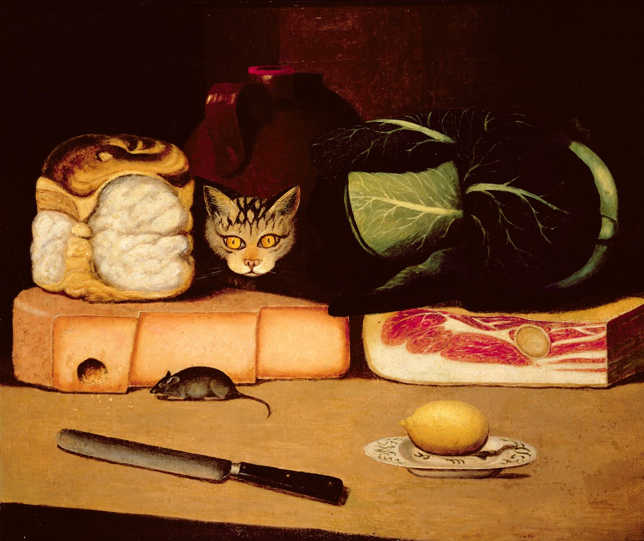 Stilleben med katt och mus, primitiv skola, 1820 av Unbekannt Unbekannt