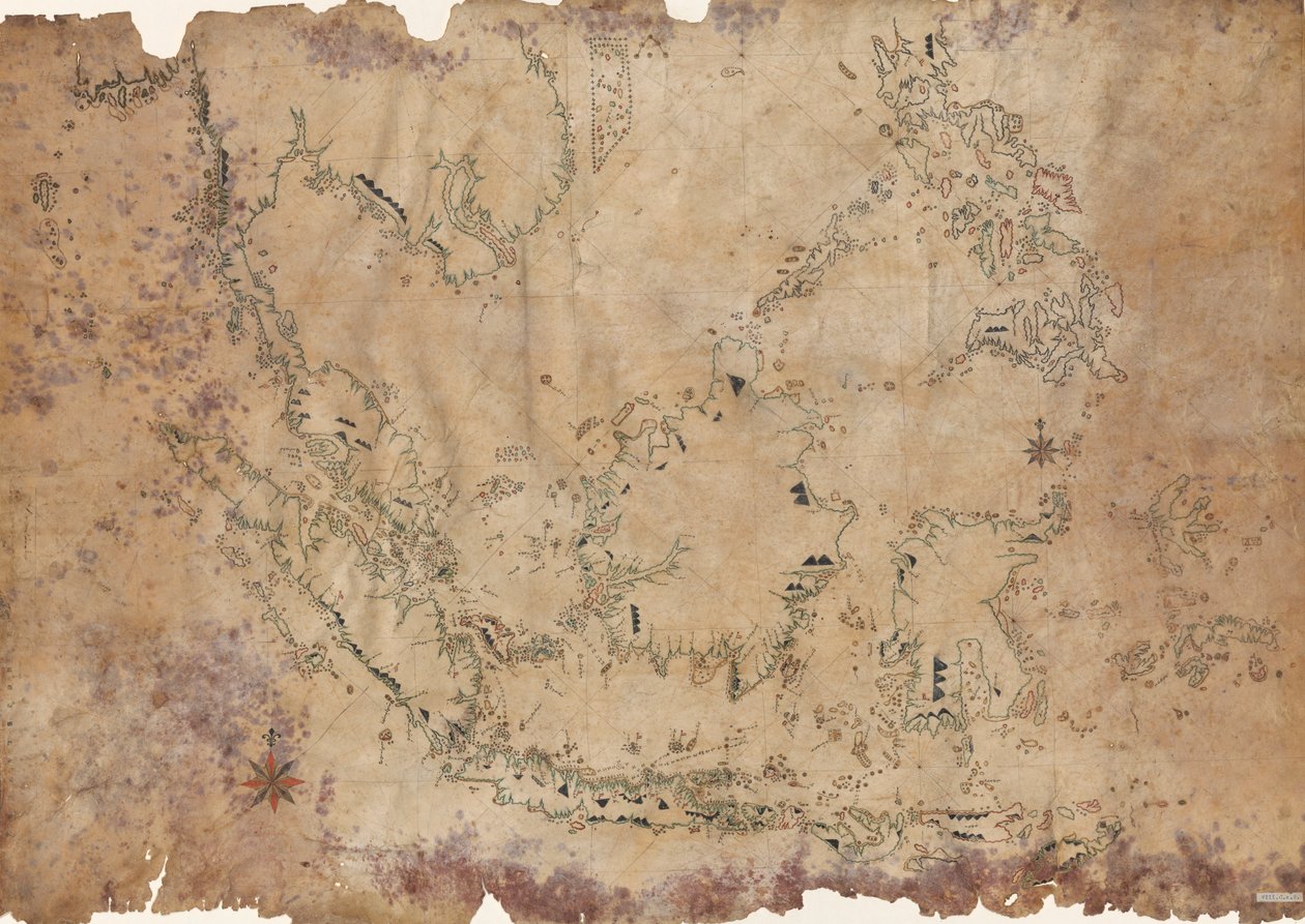 This early 19th-century chart of the East Indian Archipelago written in Buginese is an example of indigenous cartography with European influences. Buginese (Basa Ugi) is an Austronesian language spoken in the southern part of the Indonesian island Celebes av Anonymous