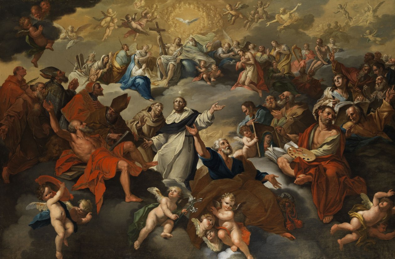 Heiligenversammlung im Paradies mit Apotheose der hl. Domenikus und Franziskus. av Unknown