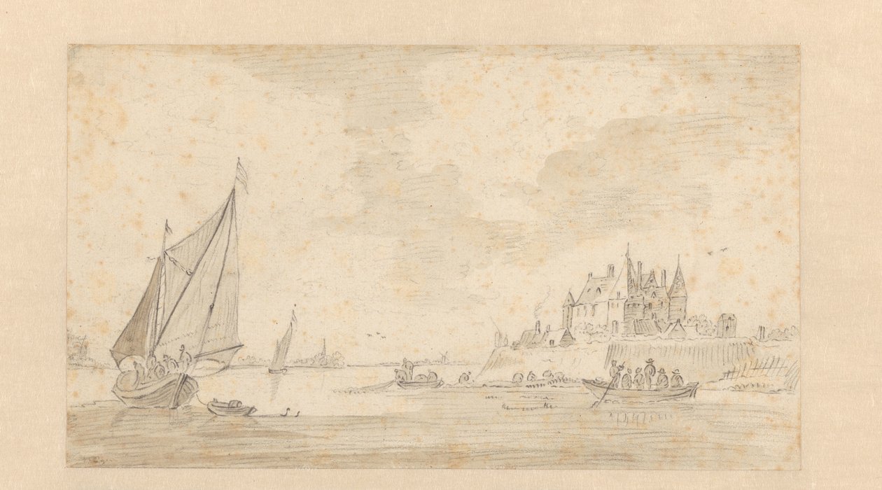 Flodlandskap med slott (Loevestein?) av Anonymous