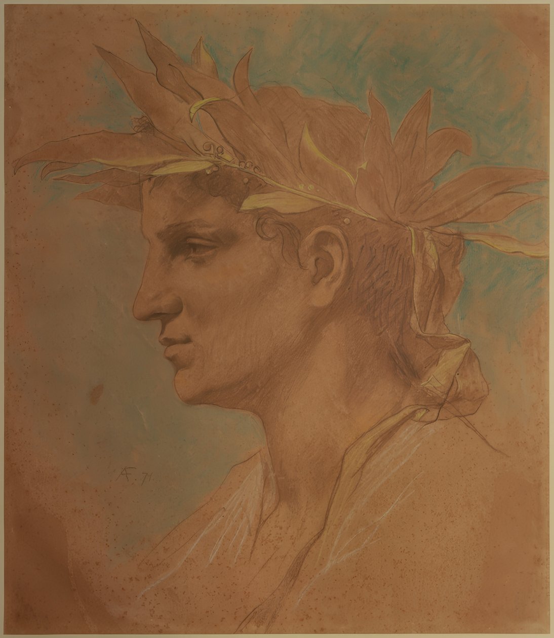 Manligt huvud kransad med lager av Anselm Feuerbach