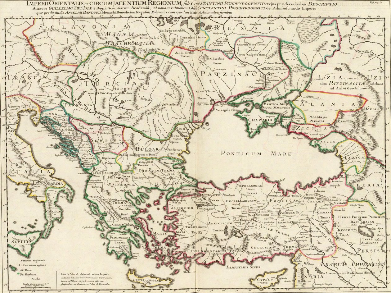 A map of the Eastern Roman Empire and the adjacent regions during the time of Constantine VII Porphyrogennetos and his predecessors (i.e. the 8th-9th centuries) av Anselmo Maria Banduri