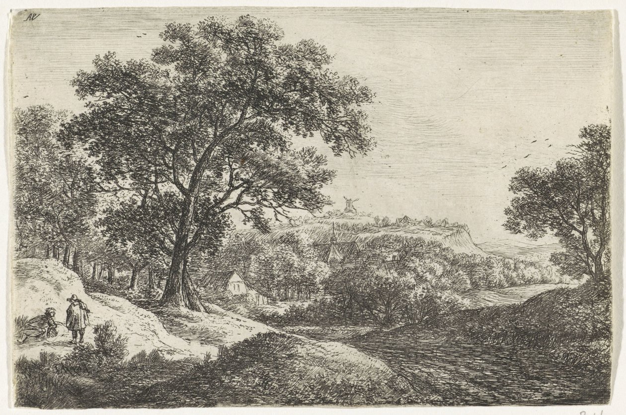Kuperat landskap med en by Landskap (serietitel) av Anthonie Waterloo