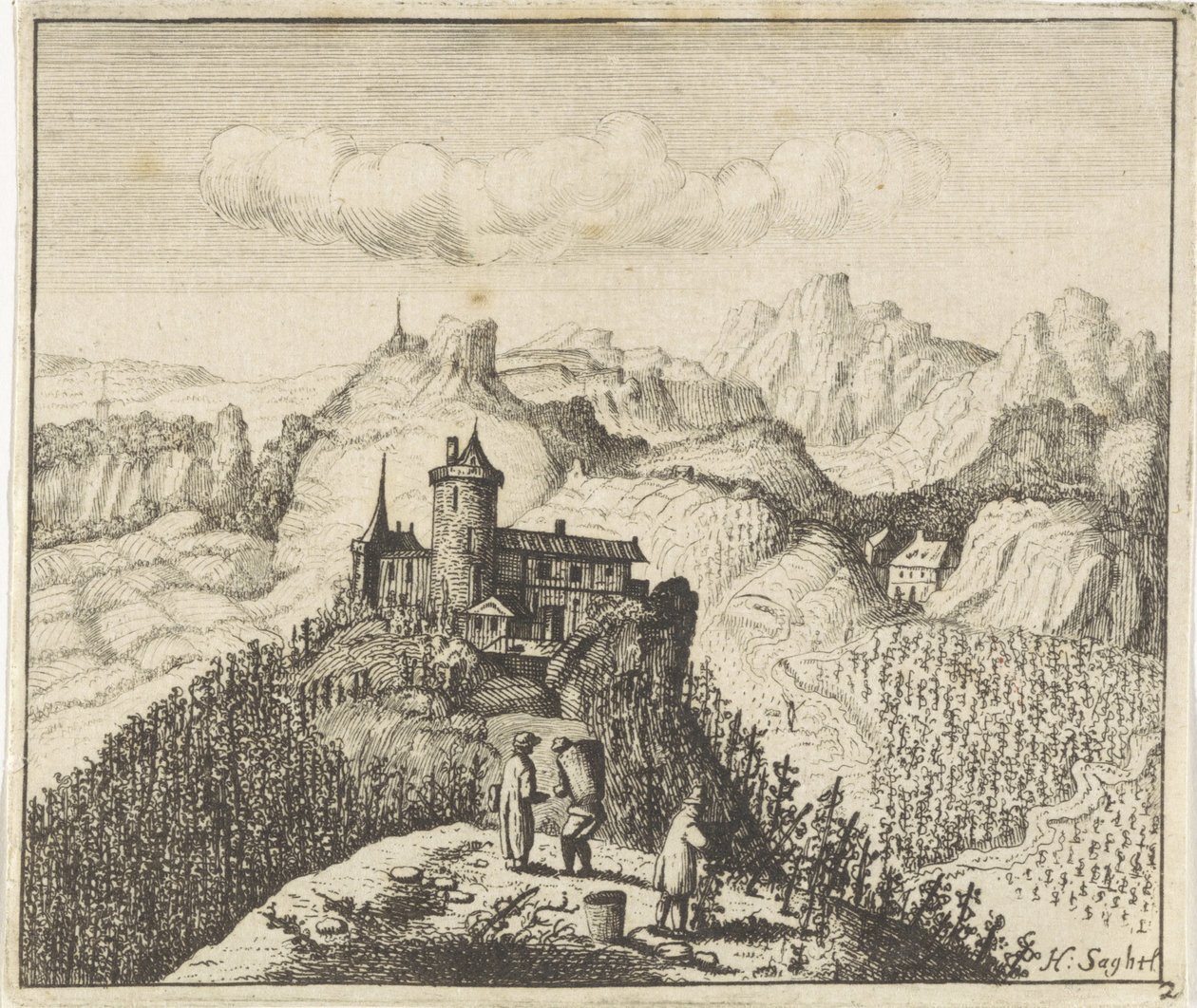 Bergigt landskap med druvplockare av Anthonie de Winter (attributed to)