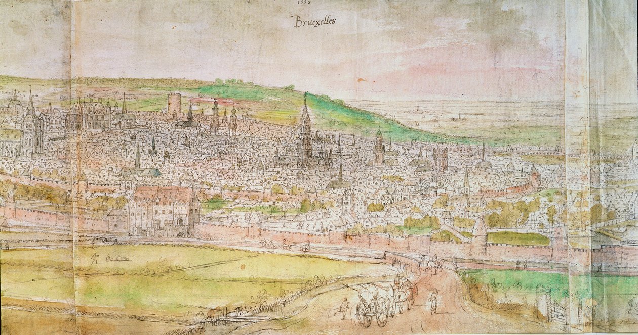 Panoramautsikt över Bryssel, 1500-talet (penna och bläck och wc på papper) av Anthonis van den Wyngaerde