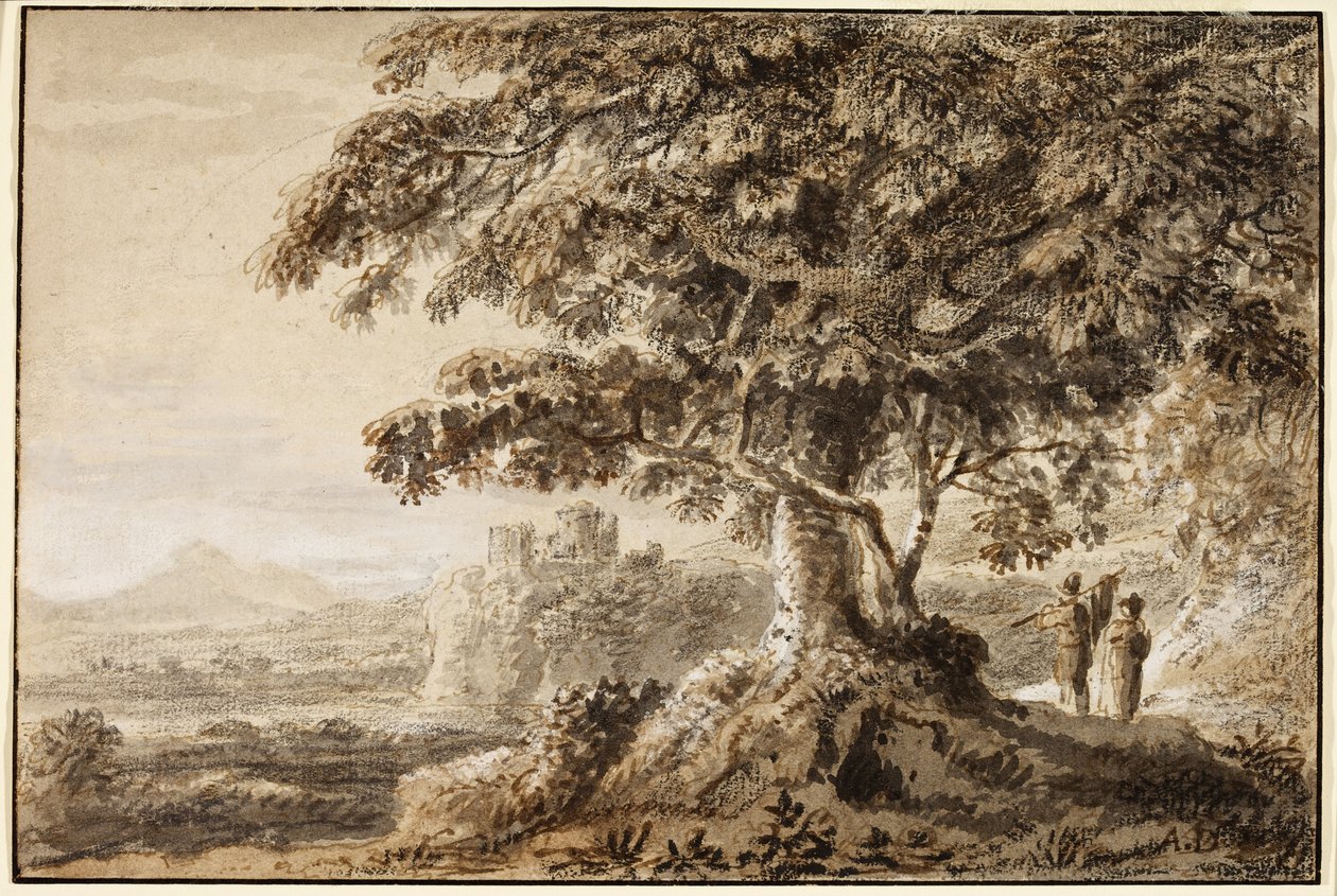 Landskap - stenig förgrund och två figurer (bläck på papper) av Anthony Devis