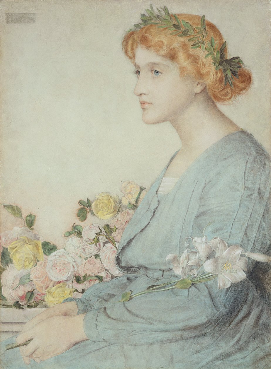 Laurelkransen, 1902 (färgkritor på ljusblått papper) av Anthony Frederick Augustus Sandys