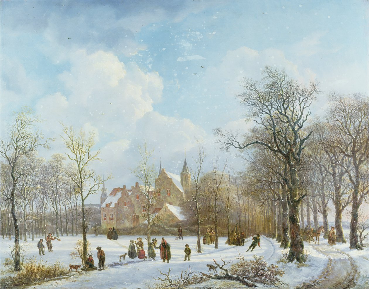 Skridskoåkare i ett vinterlandskap, 1830 (panel) av Anthony Jacob Offermans