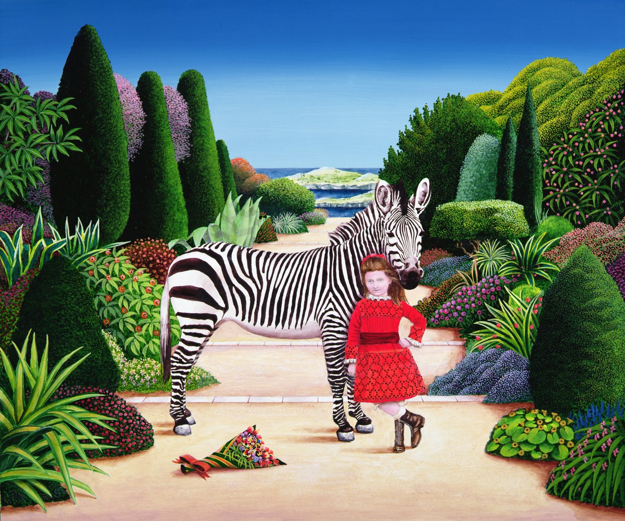 Girl with Zebra, 1984 (akryl ombord) av Anthony Southcombe