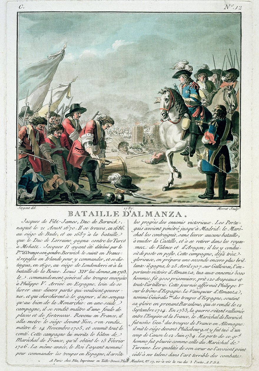 Slaget vid Almansa, 25 april 1707, graverad av Jean Baptiste Morret (fl.1790-1820), 1787 av Antoine Louis Francois Sergent Marceau