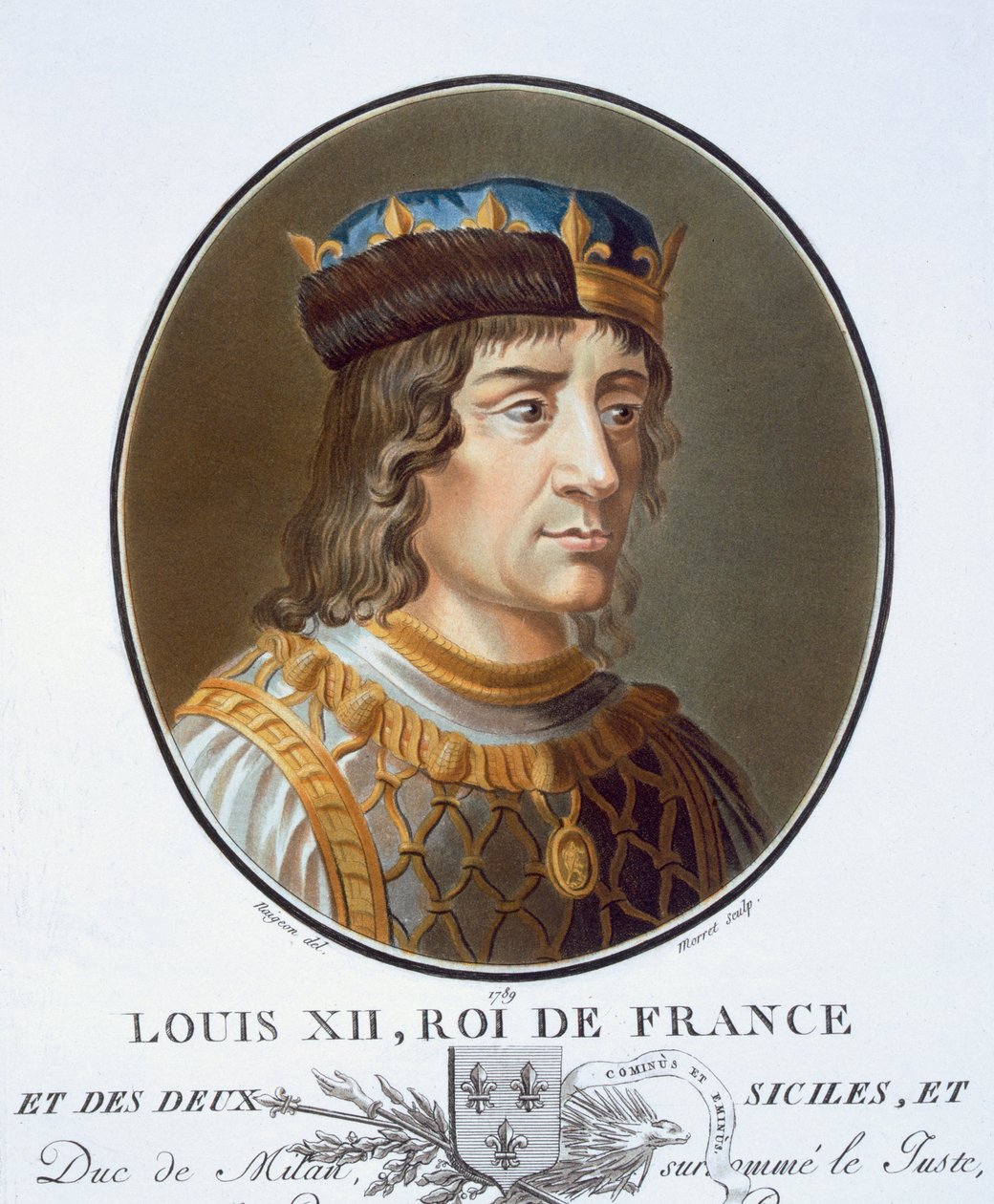 Ludvig XII, från "Porträtt av stora män, berömda kvinnor och minnesvärda ämnen i Frankrike, graverade och tryckta i färg", utgiven av Pierre Blin, 1786-92, Paris (färgstick) av Antoine Louis Francois Sergent Marceau
