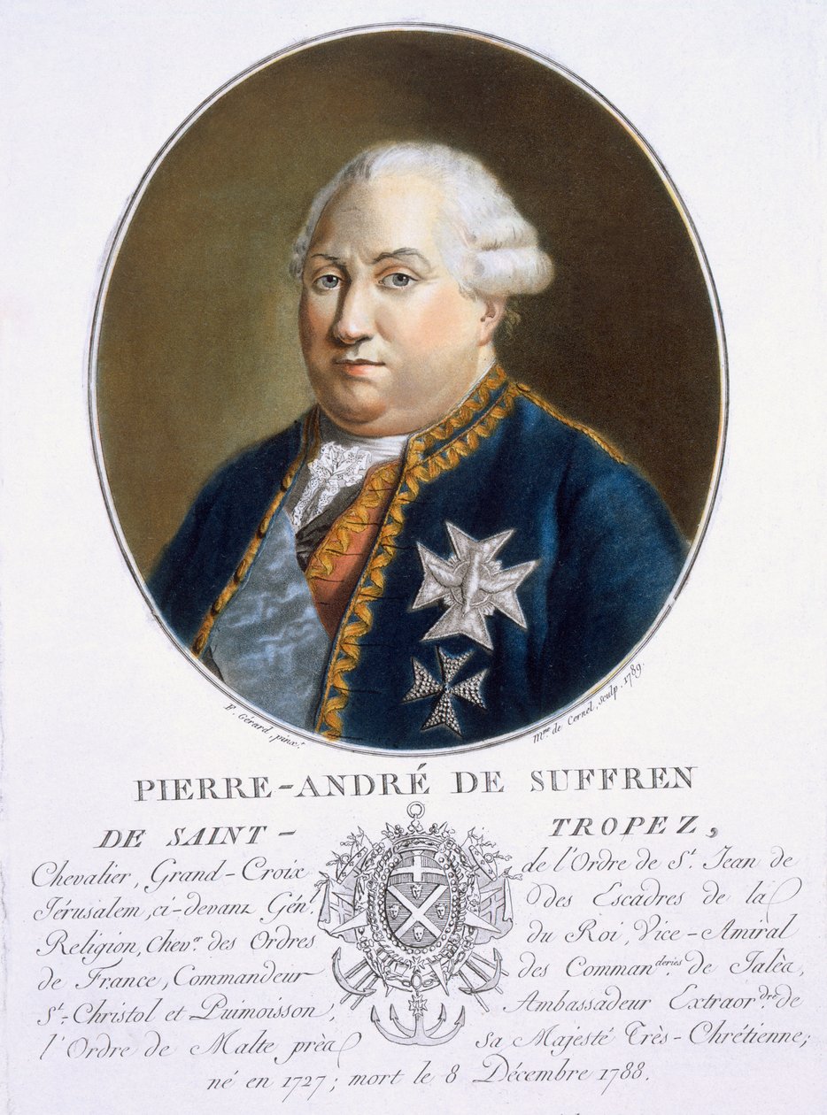Pierre-Andre de Suffren de St Tropez, från "Porträtt av stora män, illustra kvinnor och minnesvärda ämnen i Frankrike, gravar och tryck i färger", utgiven av Pierre Blin, 1786-92, Paris (kol. av Antoine Louis Francois Sergent Marceau