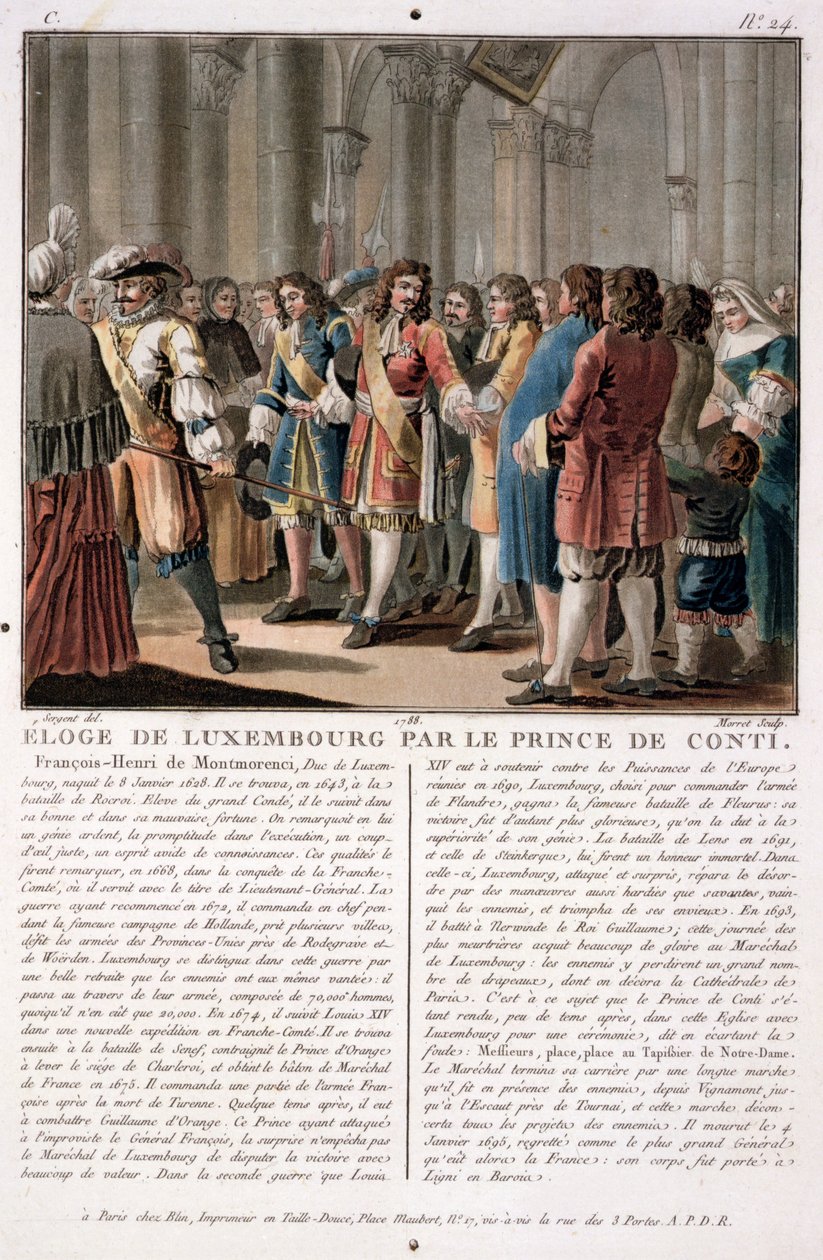 Prinsen de Conti (1664-1709) berömmer hertigen av Luxemburg (1628-95) efter hans seger i slaget vid Neerwinden (1693), graverad av Jean Baptiste Morret (fl.1790-1820), 1788 (kolorerad gravyr). av Antoine Louis Francois Sergent Marceau