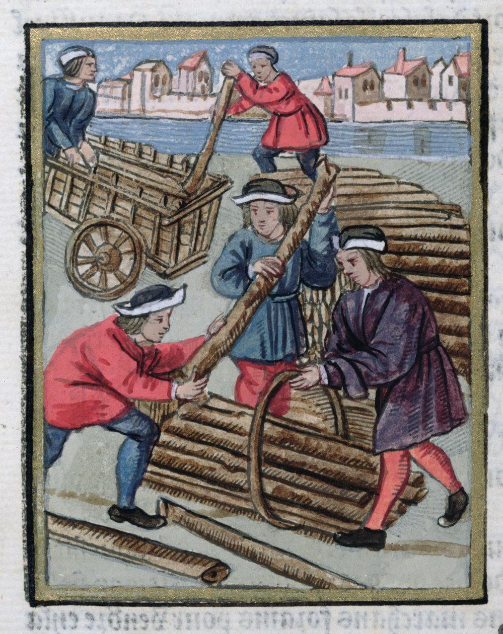 Mouleur", en arbetare som arbetar med att kontrollera och mäta virkesförsäljningen, från "Ordonnances Royaux de la Juridiction de la Prevote des Marchands de la Ville de Paris", 1528 (wc und gouache på papper) av Antoine Verard
