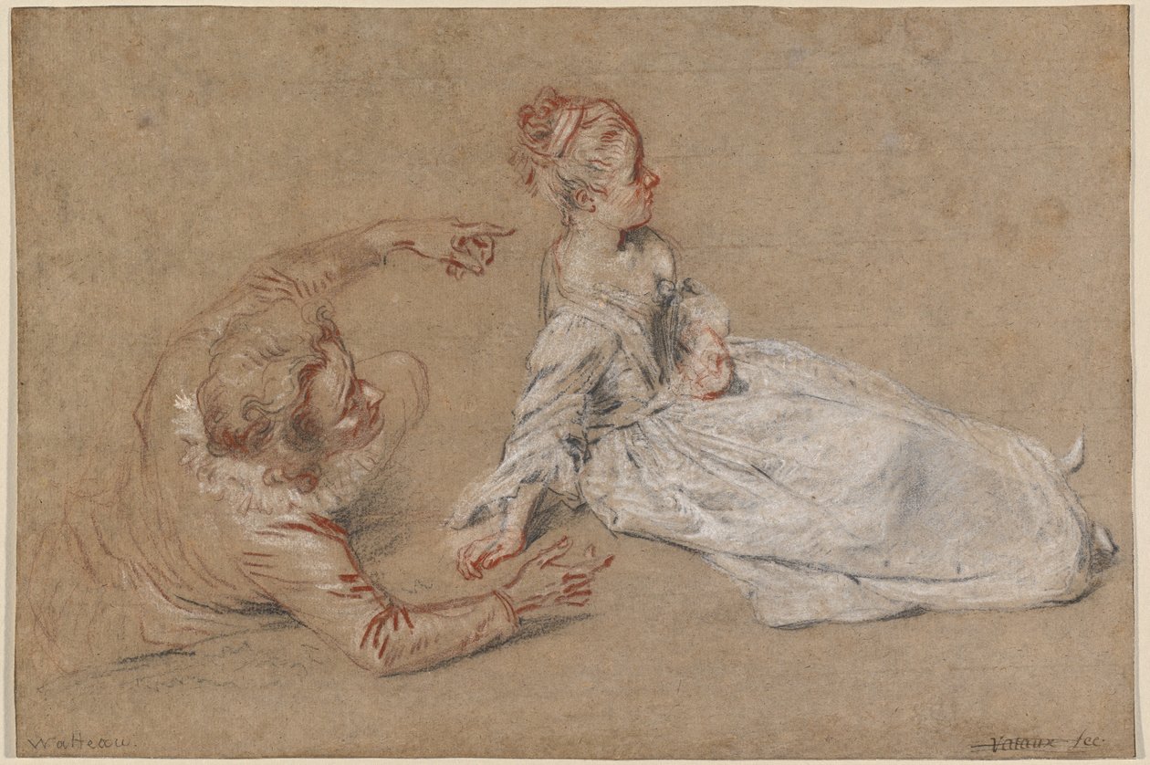 A Man Reclining and a Woman Seated on the Ground av Jean Antoine Watteau