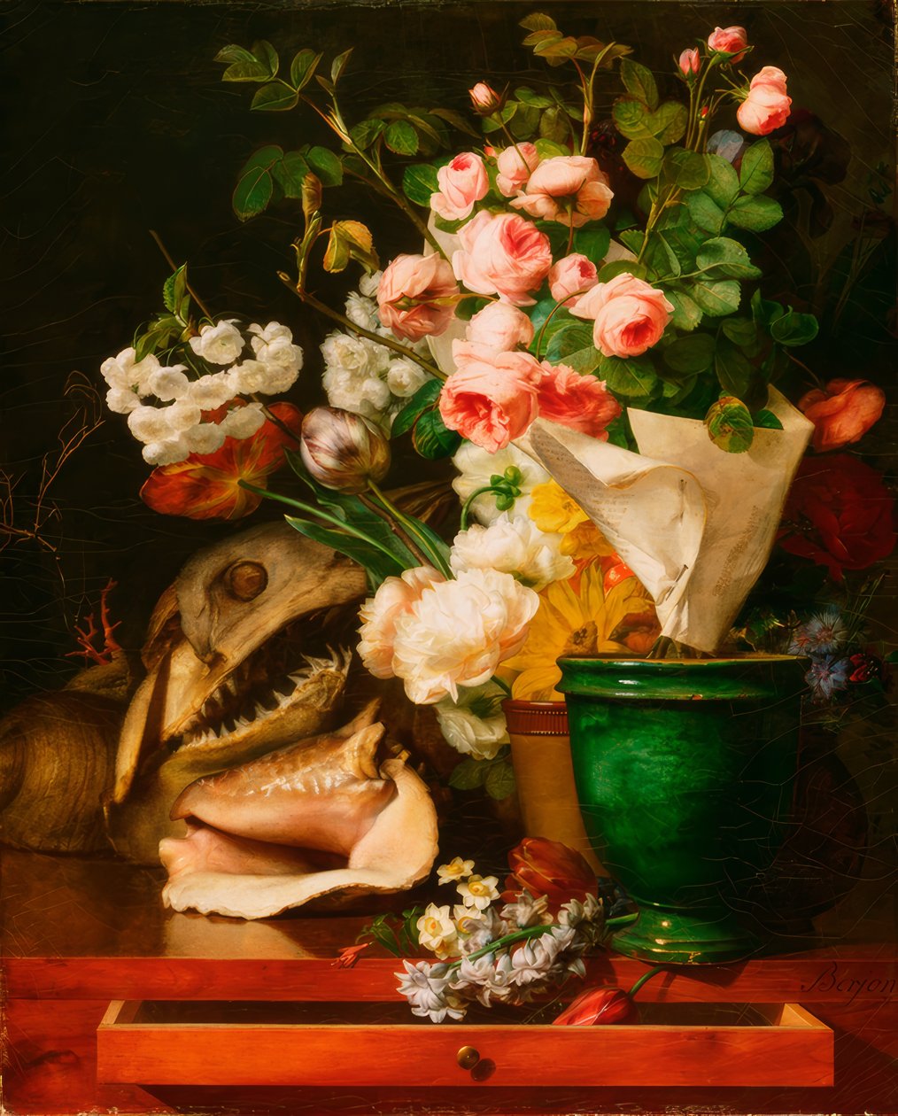 Stilleben med blommor, snäckskal, hajhuvud av Antoine Berjon