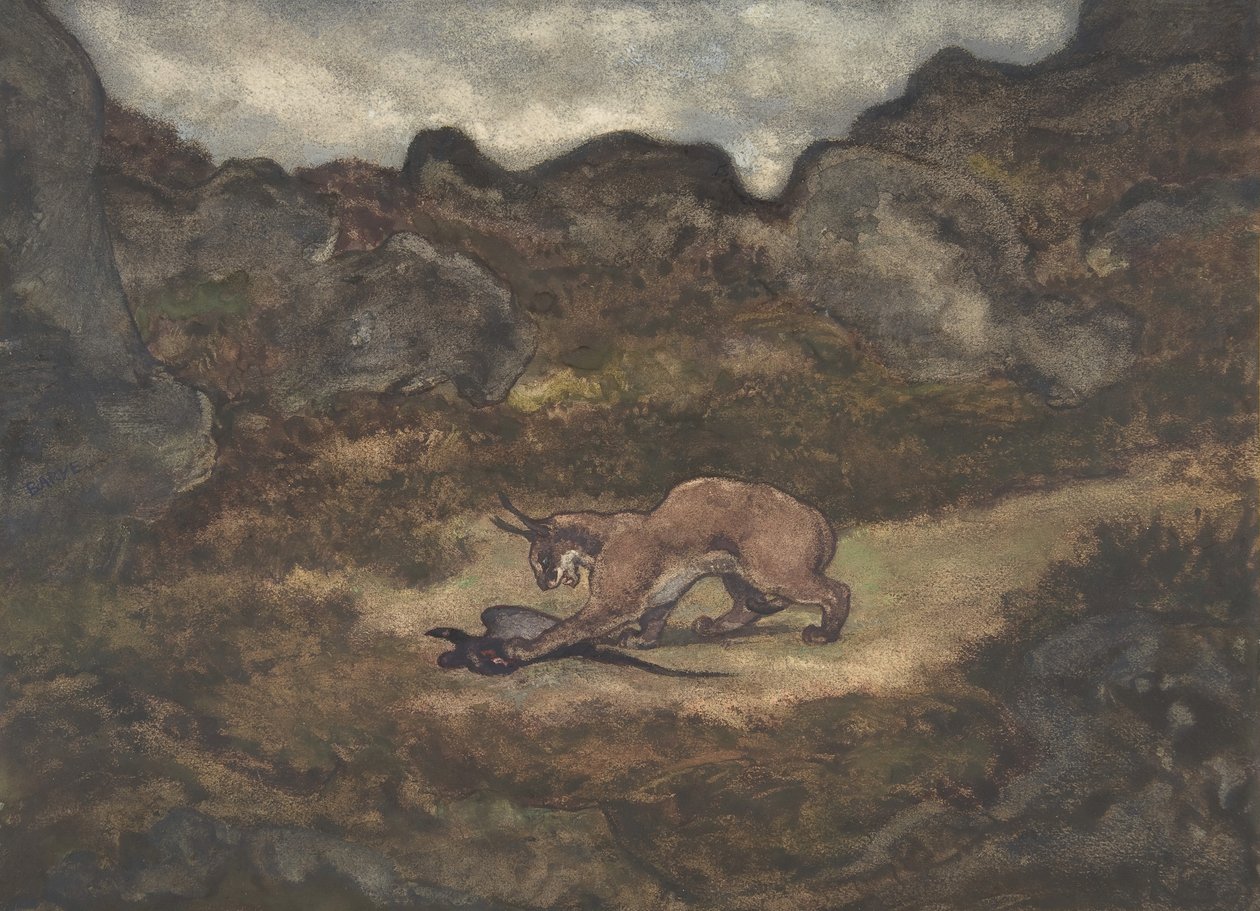 Karakal och fasan, 1810-75. av Antoine Louis Barye