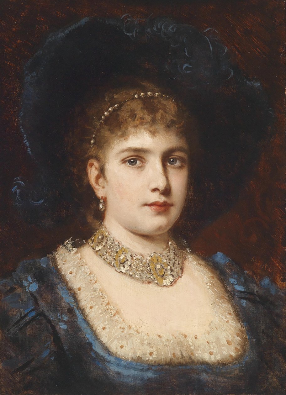 Bildnis einer Dame in blauem Kleid mit Hut av Anton Ebert
