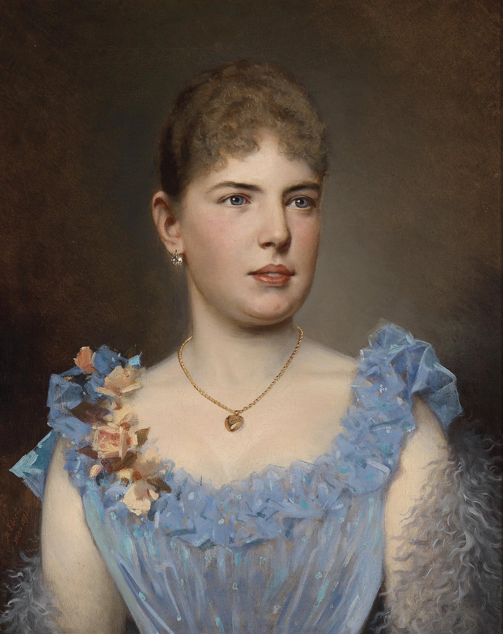 Porträt einer Dame in blauem Kleid av Anton Ebert