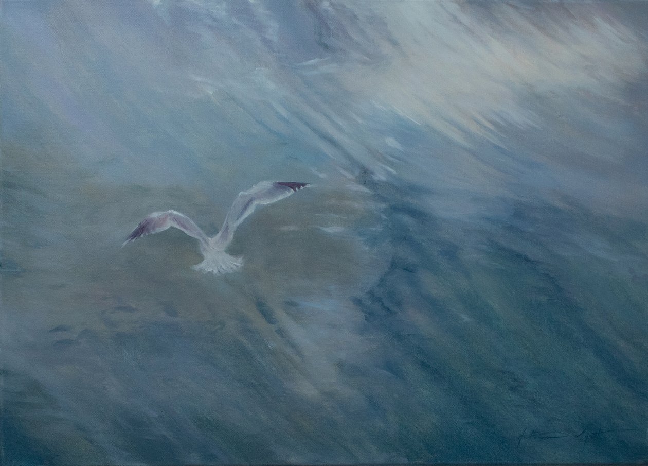 Måsen flyger iväg, 2012 (olja på duk) av Antonia Myatt
