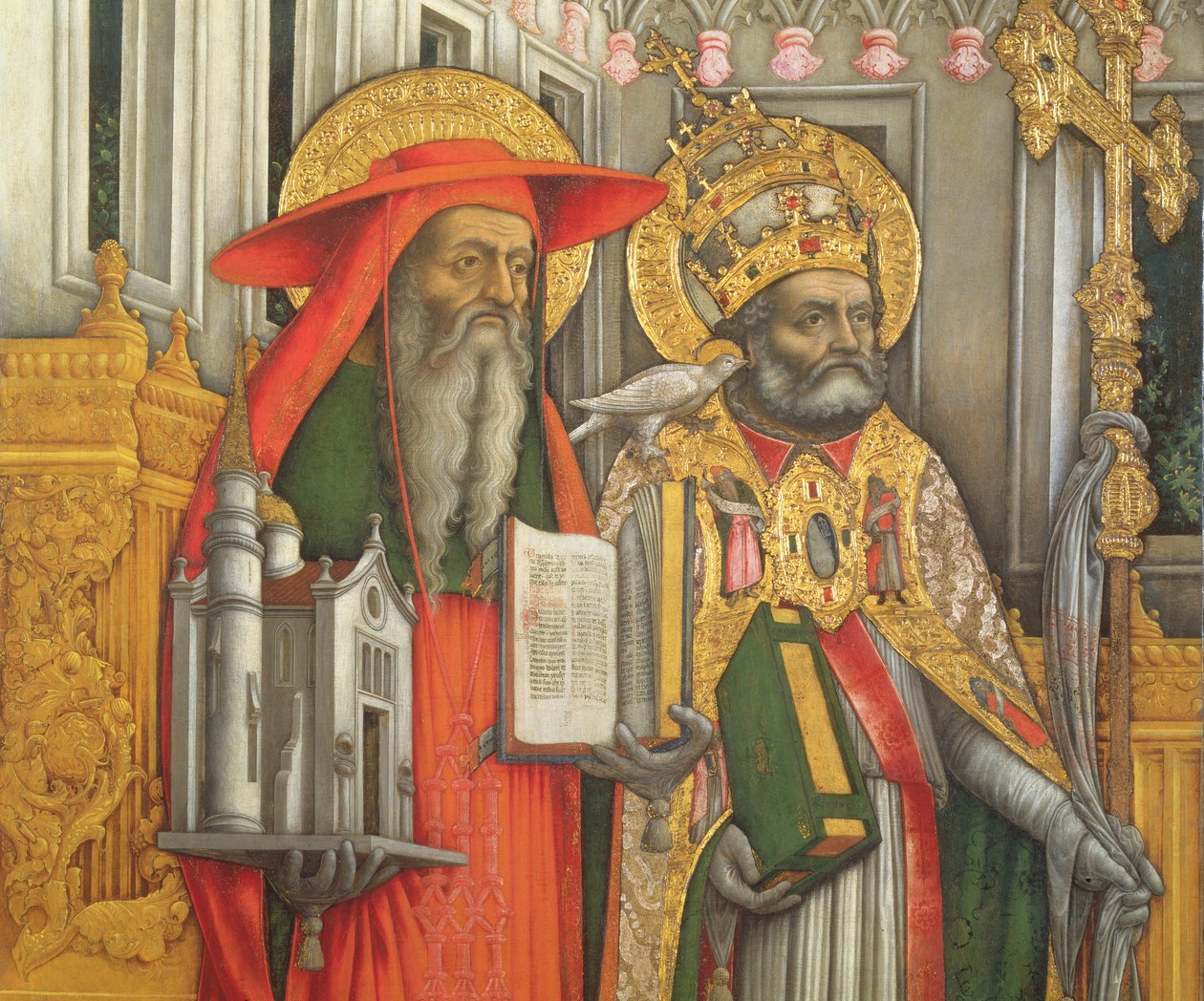 St. Hieronymus och St. Gregorius, detalj av vänster panel från Jungfrun som tronades med de heliga Jerome, Gregorius, Ambrosius och Augustinus, 1446 (efter restaurering) (se 160893-99) av Antonio Vivarini