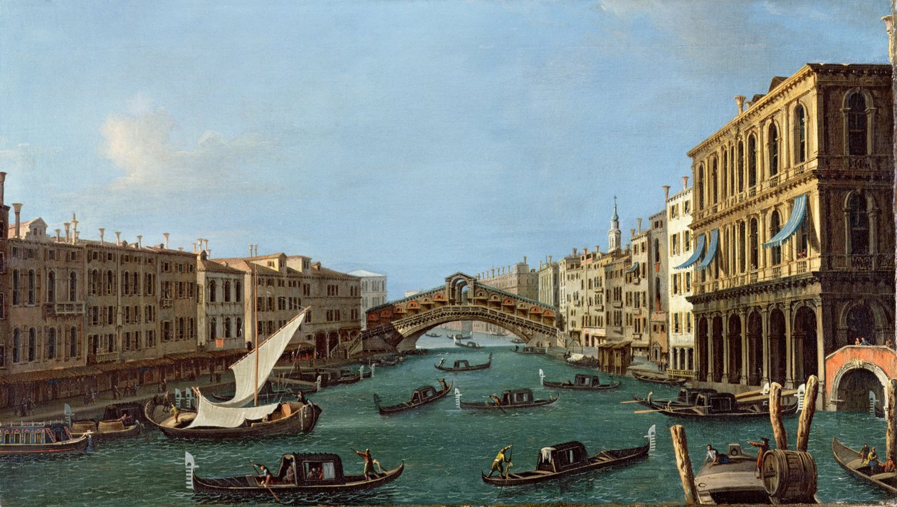 Vy över Canal Grande från söder, med Palazzo Foscari till höger och Rialtobron där bakom. av Giovanni Antonio Canal