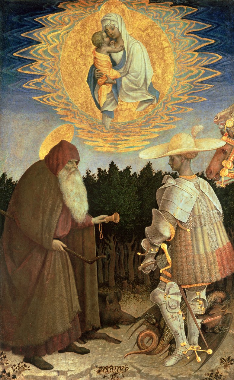 Jungfrun och barnet med St. George och St. Anthony the Abbot (äggtempera på poppel) av Antonio Pisanello