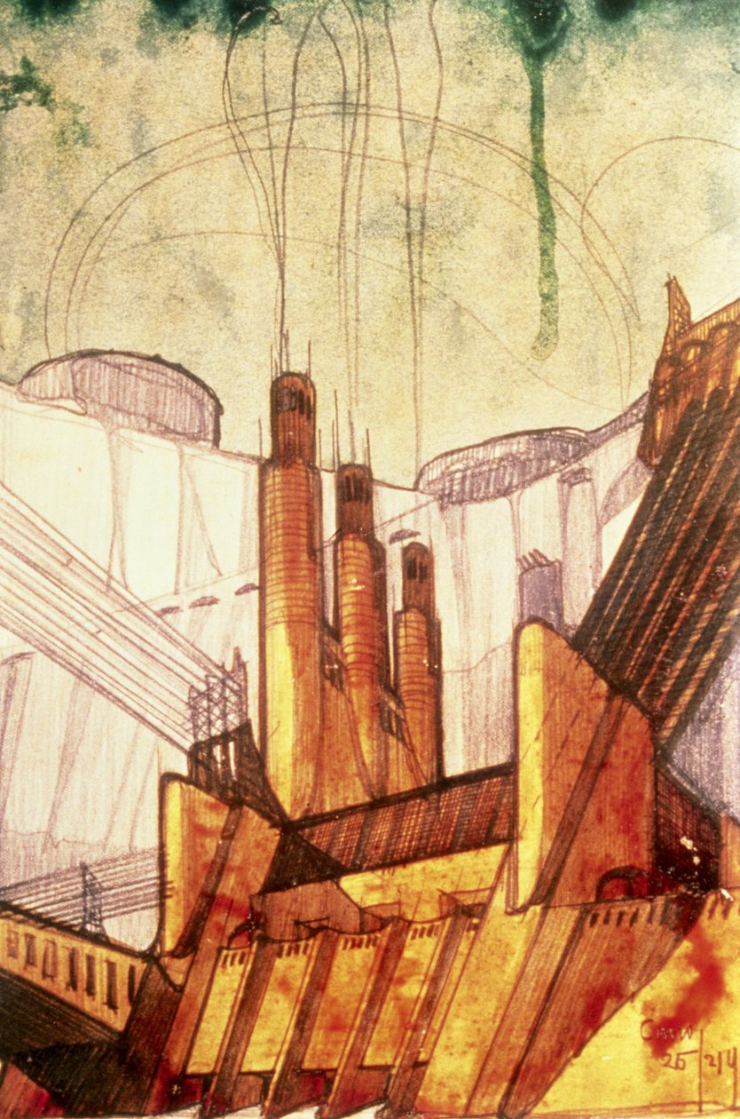 Electric Power Plant, 1914 (penna och bläck, penna, på papper) av Antonio SantElia
