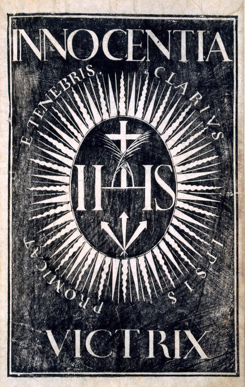 Frontispice of Innocent Victory, pub. av How Cheu, Canton, 1671 (träblock) av Antonio de Gouveia