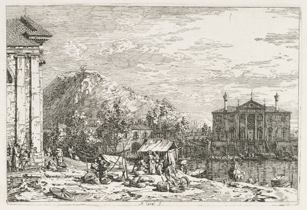 Visningar: En stad bortom en flod, 1735-1746. av Giovanni Antonio Canal