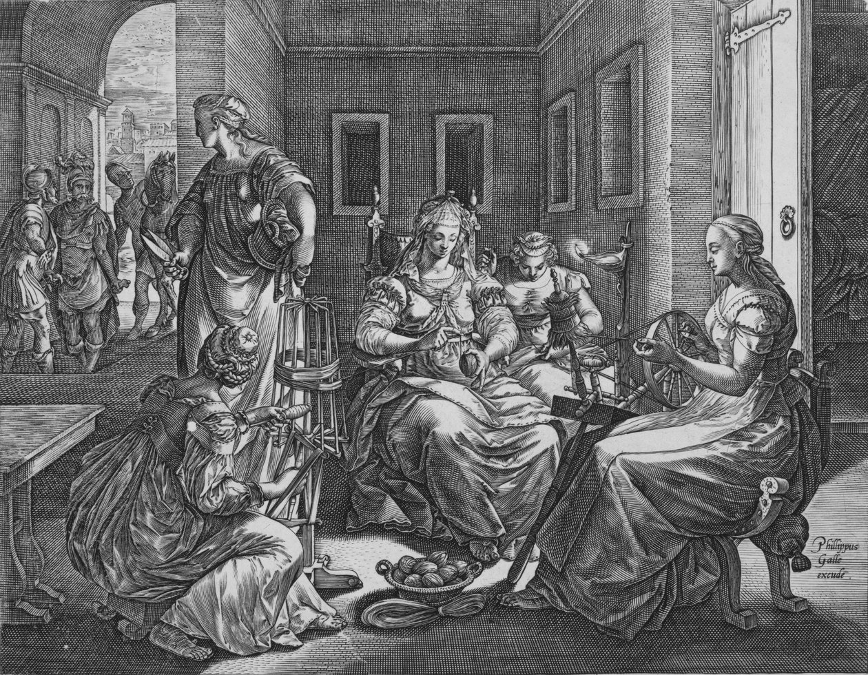 Lucretia och hennes tjänarinnor spinning, 1537-45. av Antonio Fantuzzi