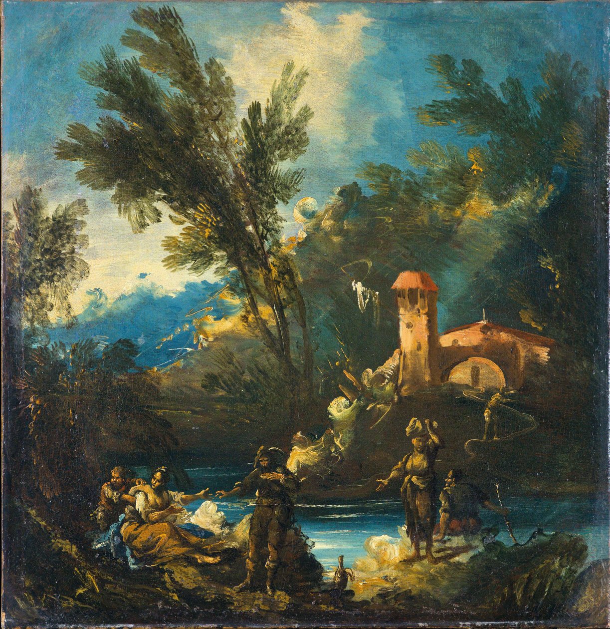 Ett trädbevuxet flodlandskap med figurer av Antonio Francesco Peruzzini