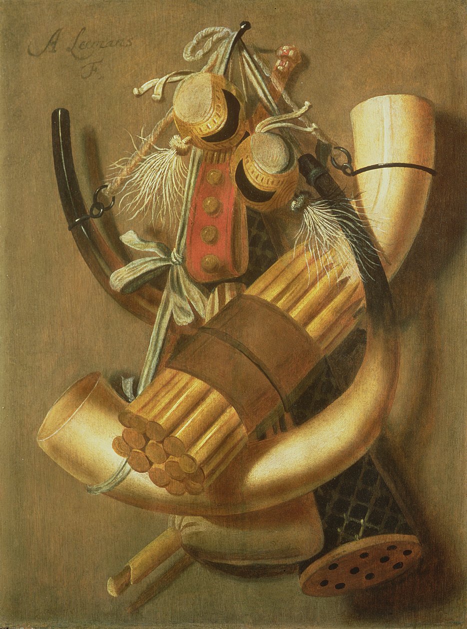 Stilleben av jakttillbehör (panel) av Antonius Leemans
