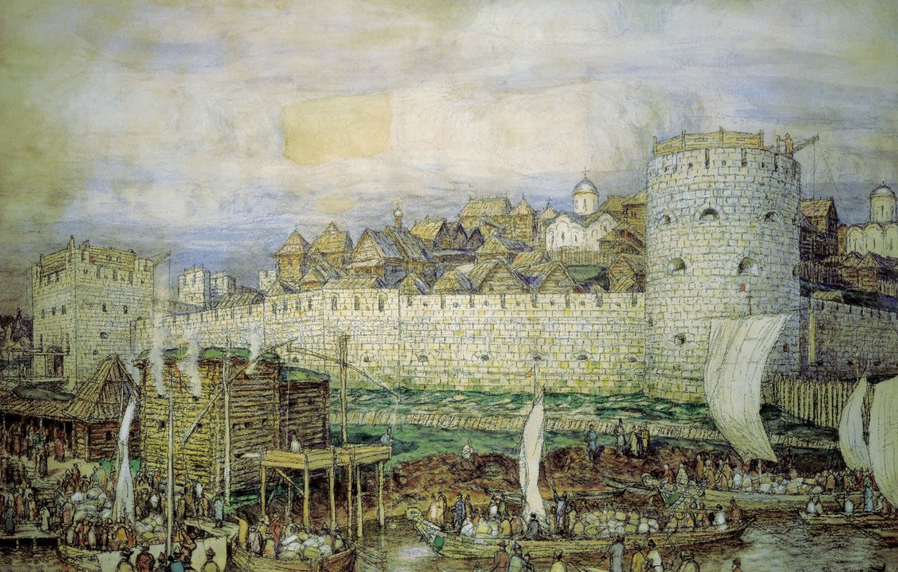       .  XIV Probable view of the white-stone Kremlin of Dmitry Donskoy. The end of the 14th century av Apollinari Mikhailovich Vasnetsov