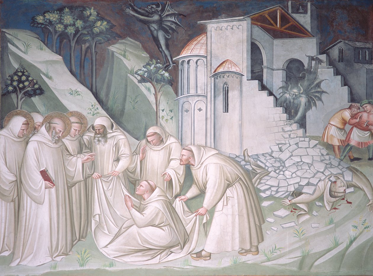 Stiftelsen av Montecassino och miraklet när munken återuppstod, Sagrestia av Aretino Luca Spinello or Spinelli