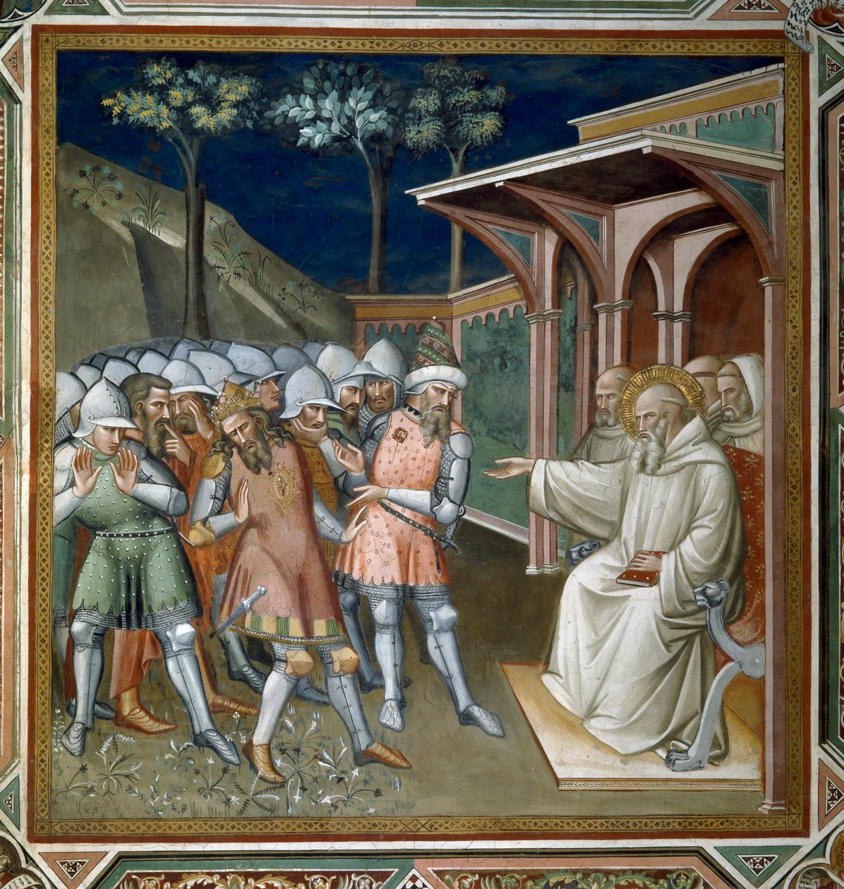 Helgonet upptäcker bedraget av Totila, östgoternas kung, detalj från Sankt Benedikts liv (ca 480-c. 550), i sakristian, 1387 av Aretino Luca Spinello or Spinelli