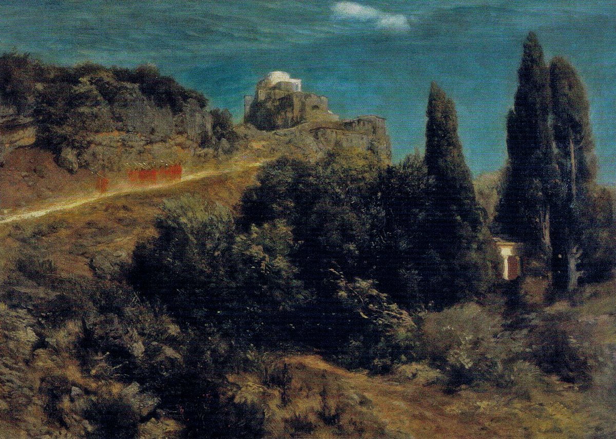 Bergschloss mit Kriegerzug av Arnold Böcklin