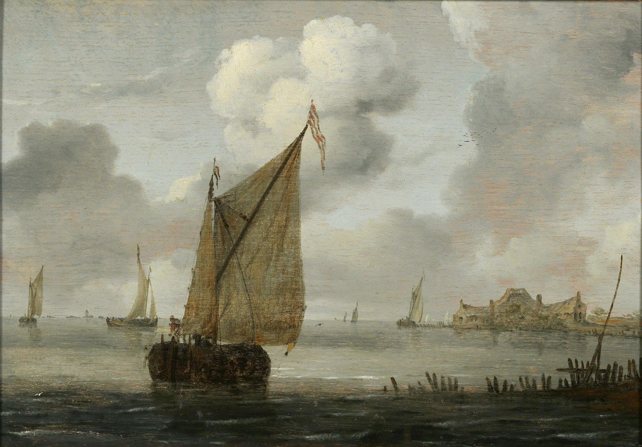 Seglande båtar nära en kust av Arnoldus van Anthonissen
