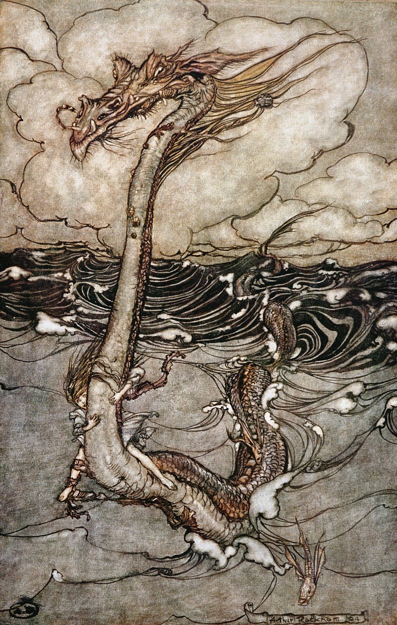 En ung flicka som rider på en sjöorm, 1904 av Arthur Rackham