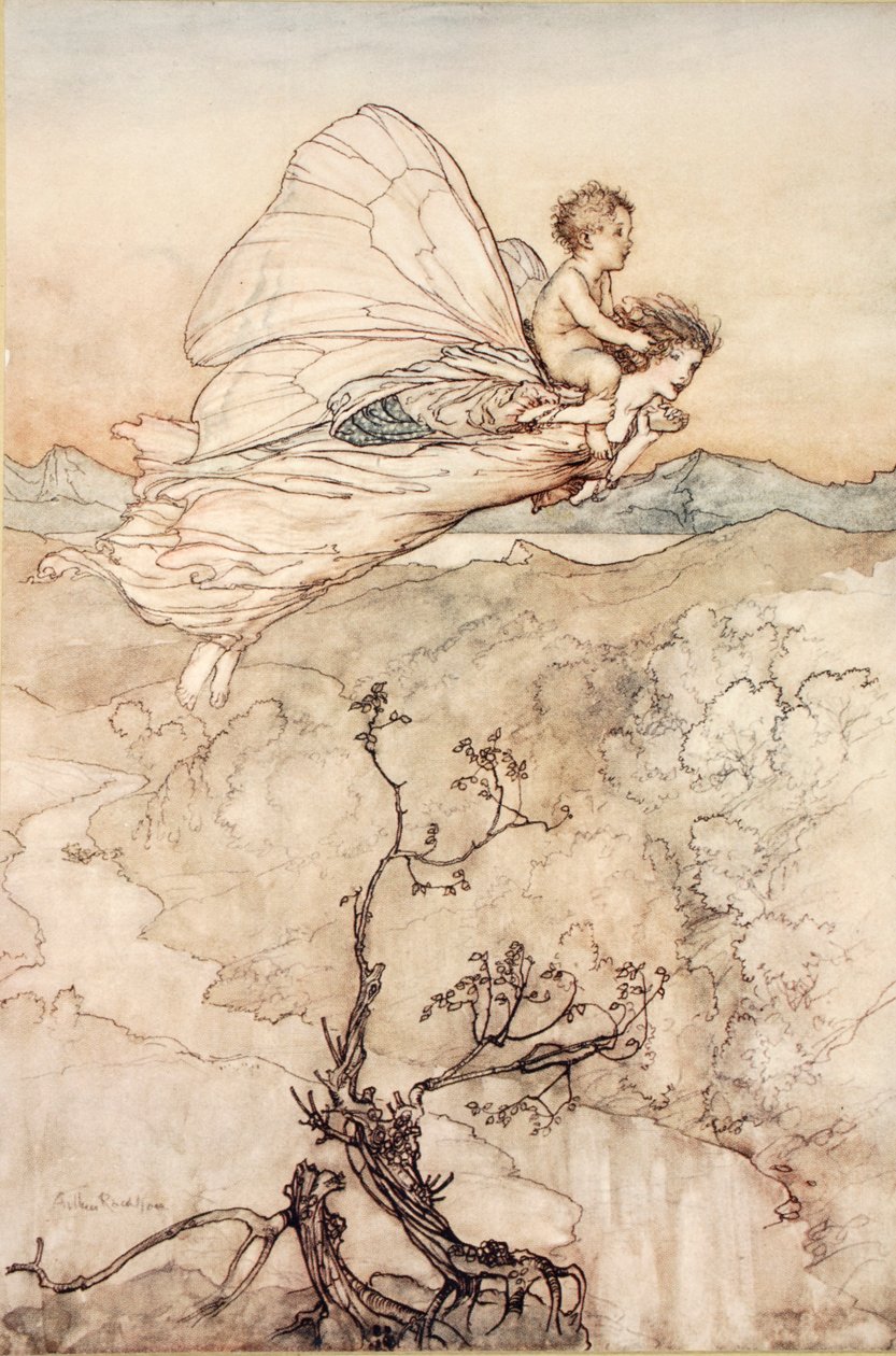 ..Och hennes älva skickade för att bära honom till mitt hus i sagolandet, illustration från "Midsommarnattsdrömmen" av William Shakespeare, 1908. av Arthur Rackham